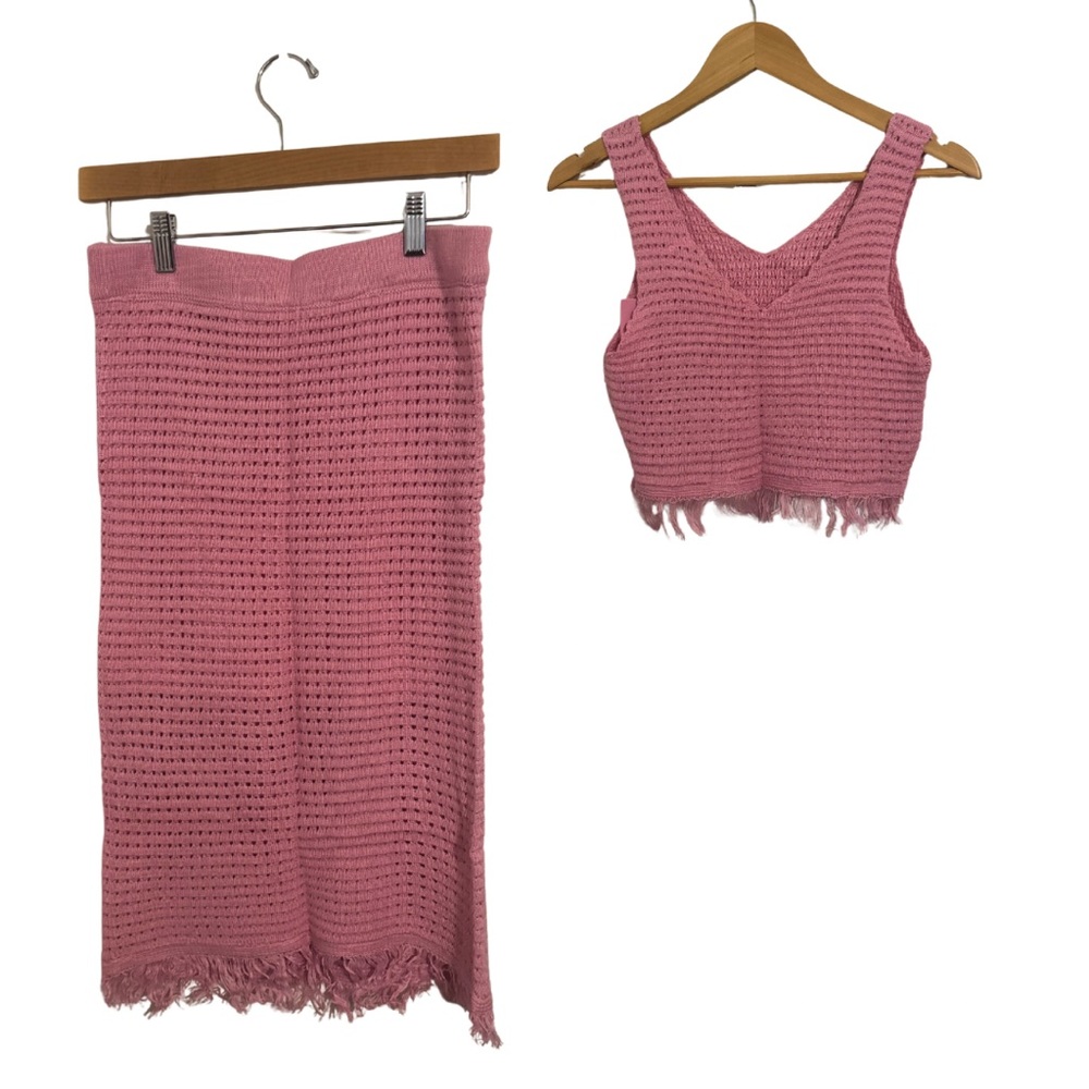 Pink Crochet Midi Skirt and V‑Neck Crop Tank Set